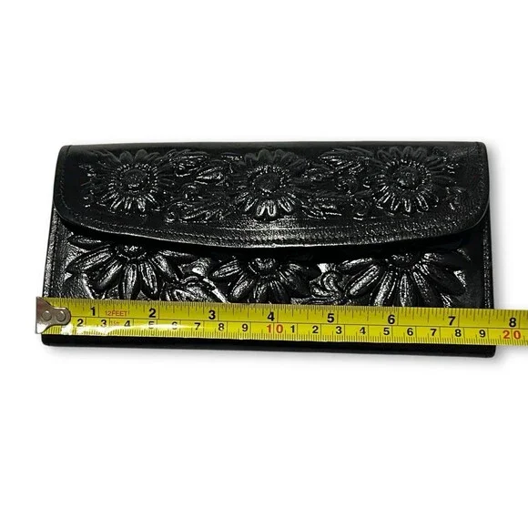Mexican Embossed Leather Wallet Shiny Black Checkbook Flowers Handmade New - Picture 7 of 8